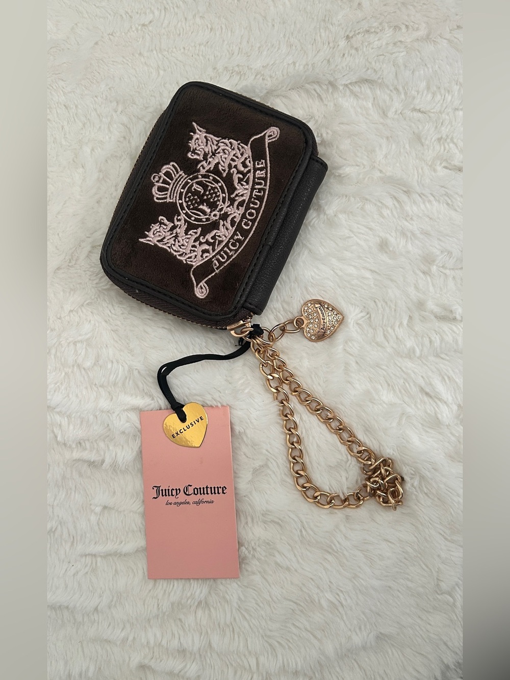 Juicy Couture Brown Velvet Mini Wallet with Gold Chain and Heart Charm